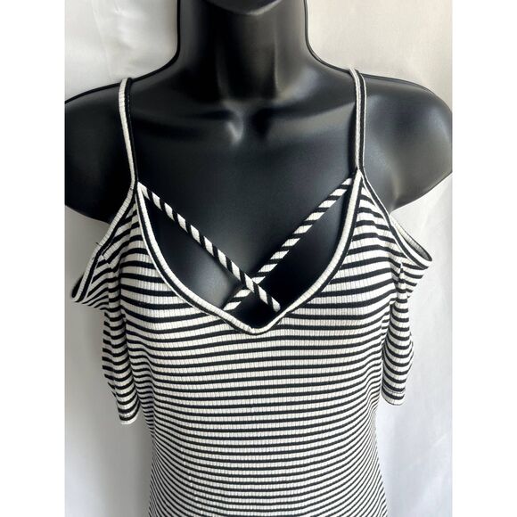 Caution to the Wind Long Midi Maxi Striped Dress Nautical Size M Cold Shoulder - Picture 2 of 12